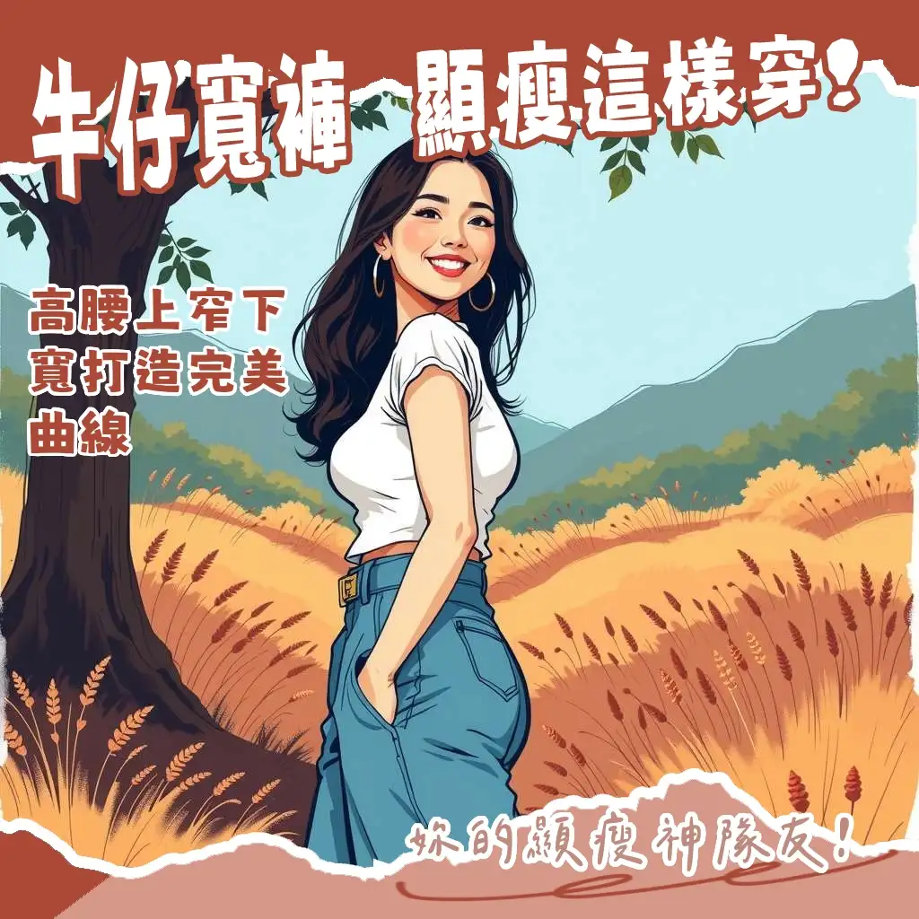 女孩穿搭牛仔寬褲，展現顯瘦修身效果，搭配上衣與鞋款，呈現各種風格穿搭大綱。