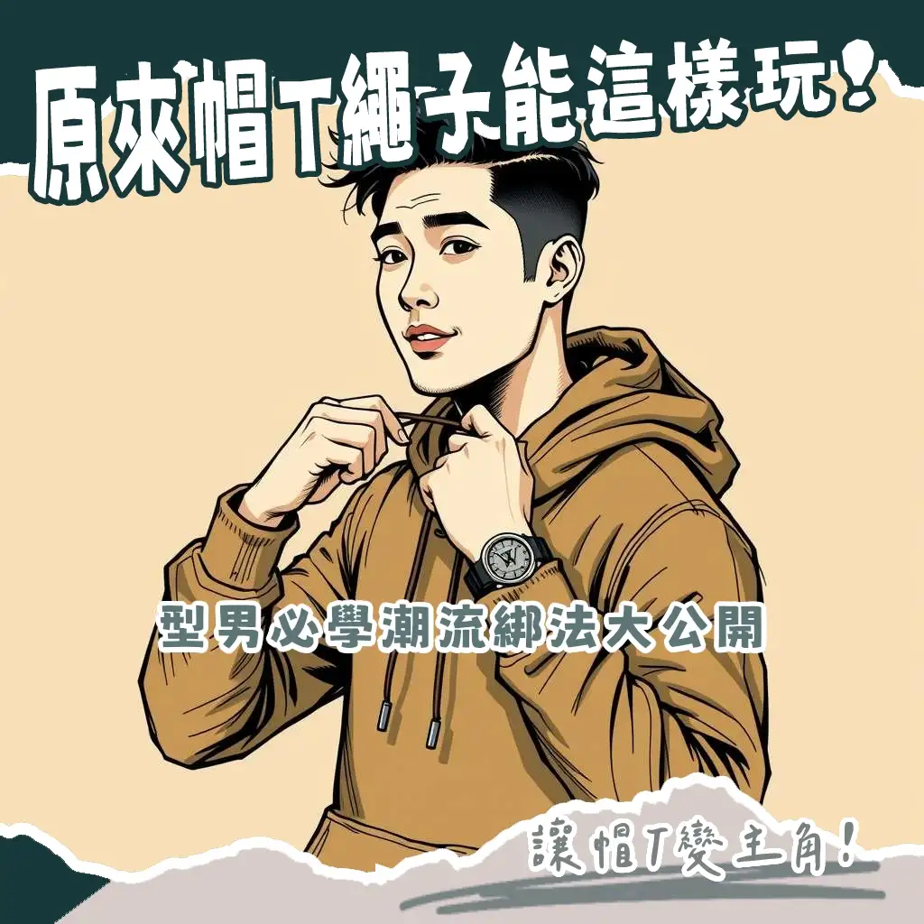 帽T繩子綁法教學，型男穿搭蛇結技巧，時尚抽繩點綴，男性日常穿搭指引。