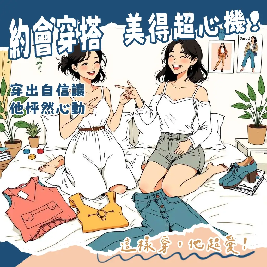 女生約會穿搭技巧圖解，包含洋裝、雪紡上衣與褲裝搭配範例，教妳打造約會好感度