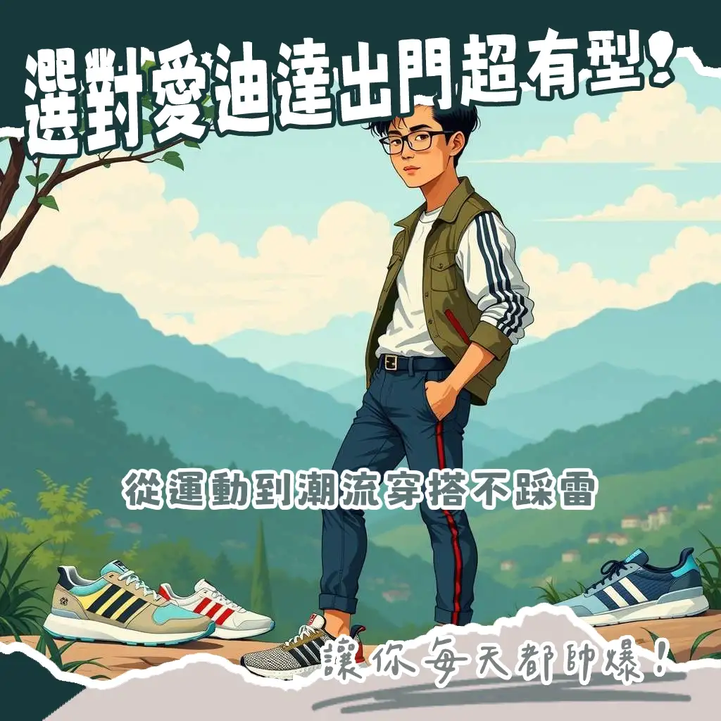 adidas鞋款介紹圖，包含Ultraboost、Superstar、Stan Smith、Samba、Gazelle等多款經典運動鞋與潮流鞋款，呈現男士多種穿搭風格。
