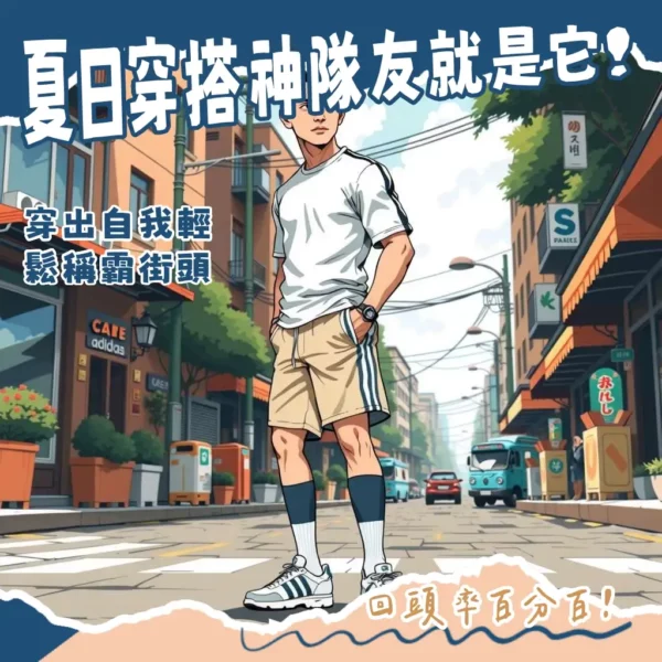 夏日adidas短褲穿搭，經典三線褲、尼龍、棉質短褲配長襪與復古球鞋，打造運動潮流街頭感。