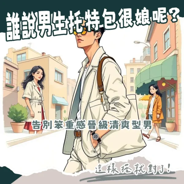 托特包男穿搭圖解：帆布、皮革、尼龍托特包與日系、都會、機能風格搭配指南。