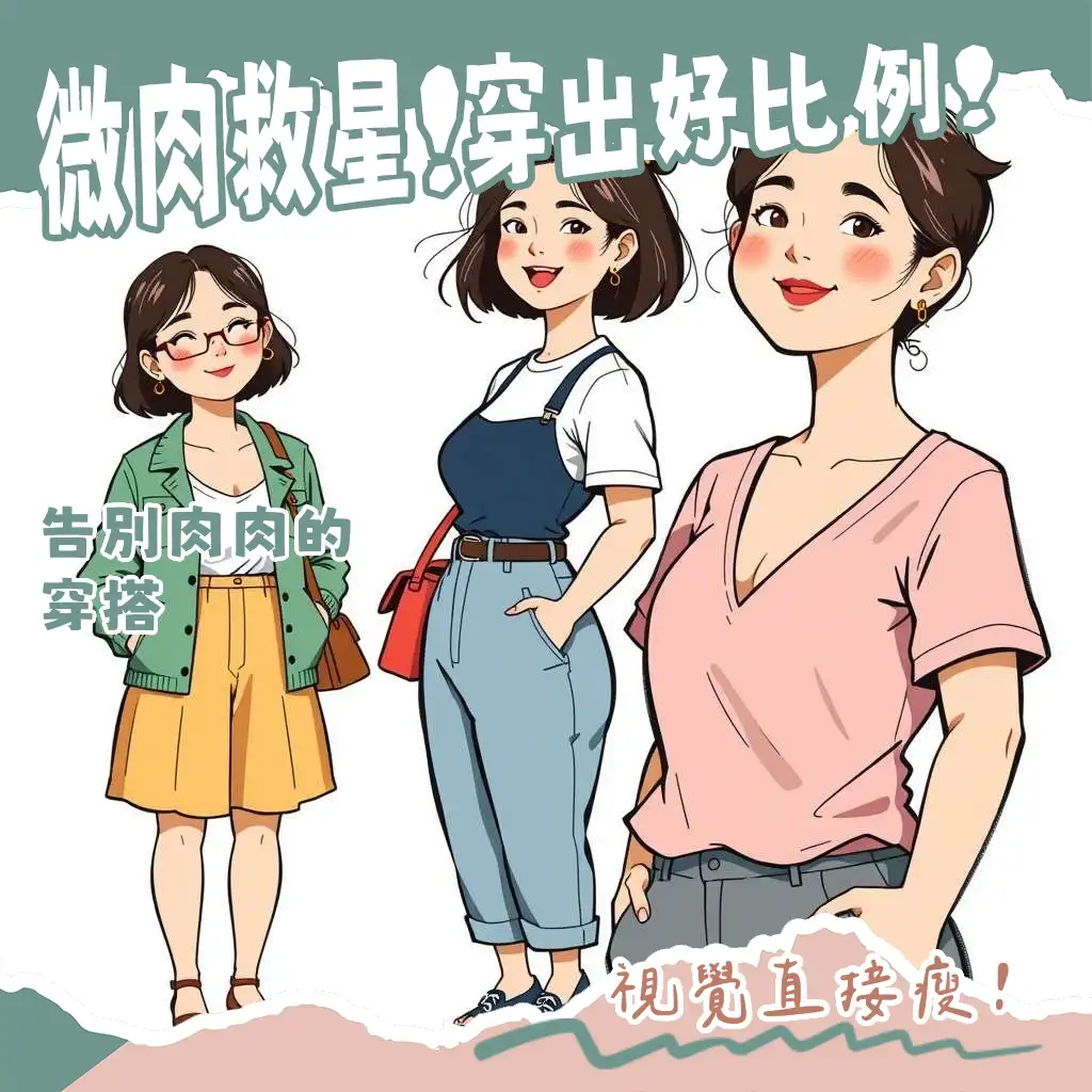 微肉女穿搭顯瘦攻略，包含V領上衣、高腰褲、西裝外套，修飾梨形身材並強調腰線，穿出黃金比例的自信感。