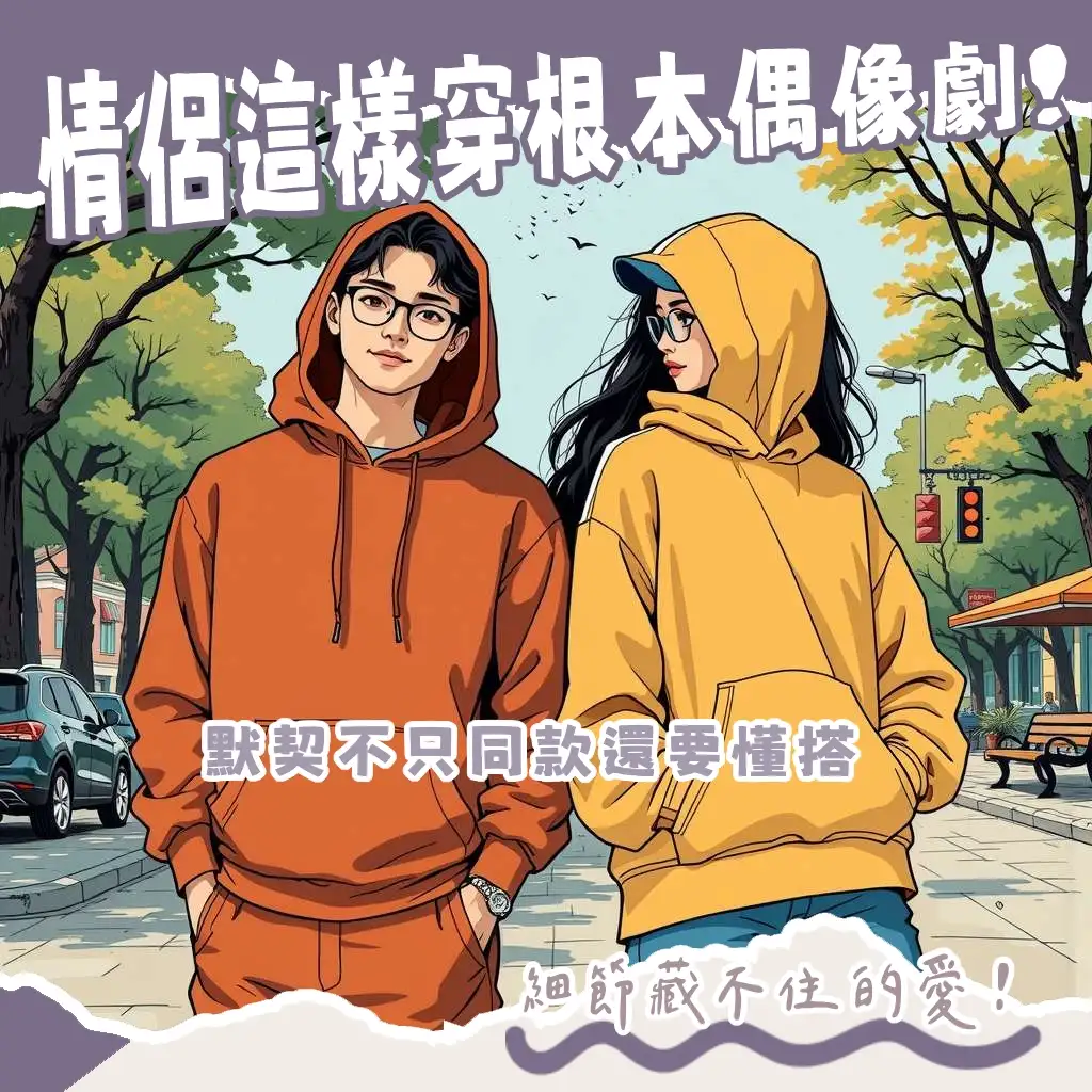 一對情侶穿著Oversize情侶裝帽T，搭配牛仔褲與工裝褲，展現街頭時尚感與甜蜜默契。