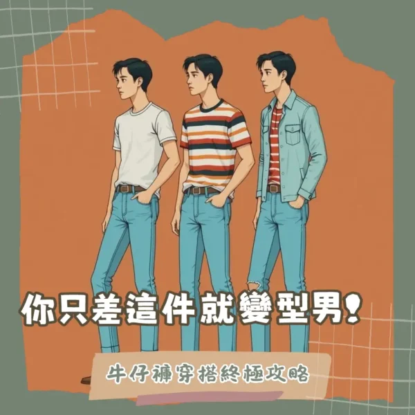 男生牛仔褲穿搭上衣多樣化風格提案，涵蓋日常休閒、Smart Casual及美式工裝造型。
