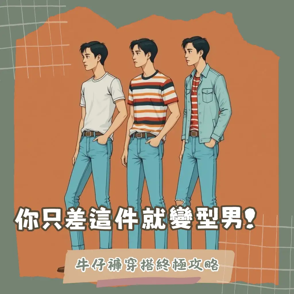 男生牛仔褲穿搭上衣多樣化風格提案，涵蓋日常休閒、Smart Casual及美式工裝造型。